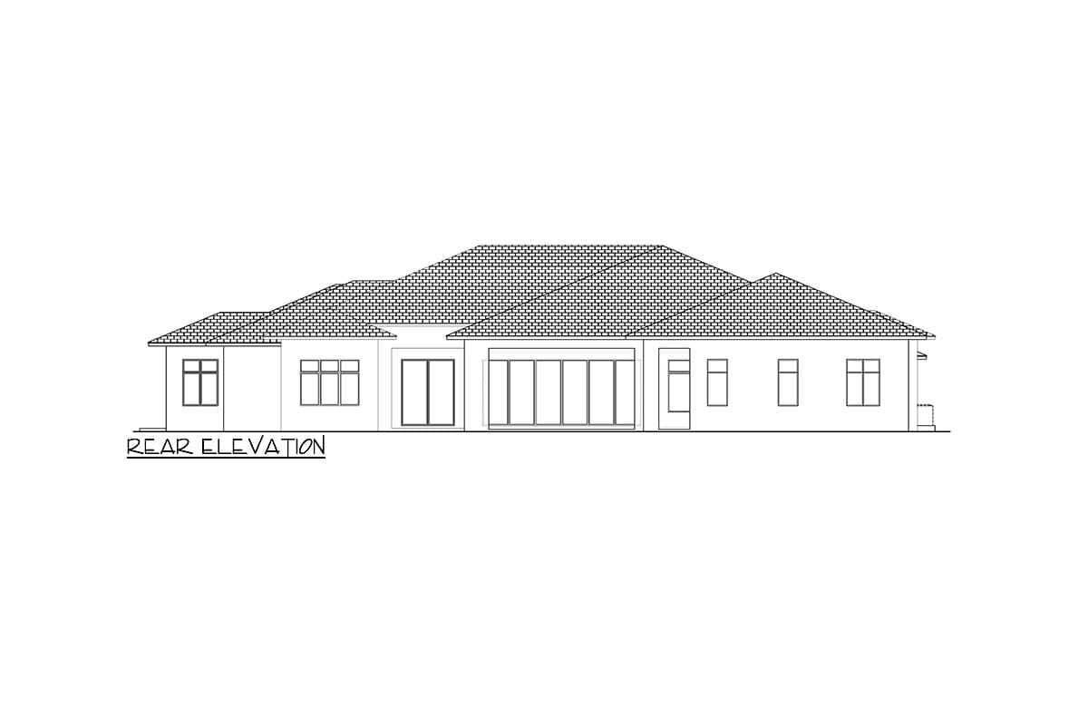 Rear elevation drawing of a single-story house plan with a hip roof, multiple windows, and a sliding glass door wall.