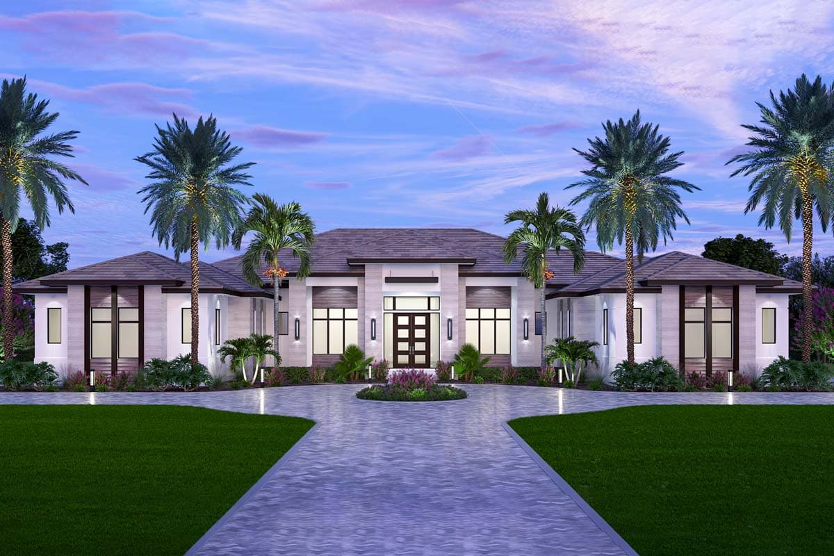 House plan exterior. Modern style, single-story home with flat rooflines, large windows, and a multi-door entry. Palm trees line the driveway.
