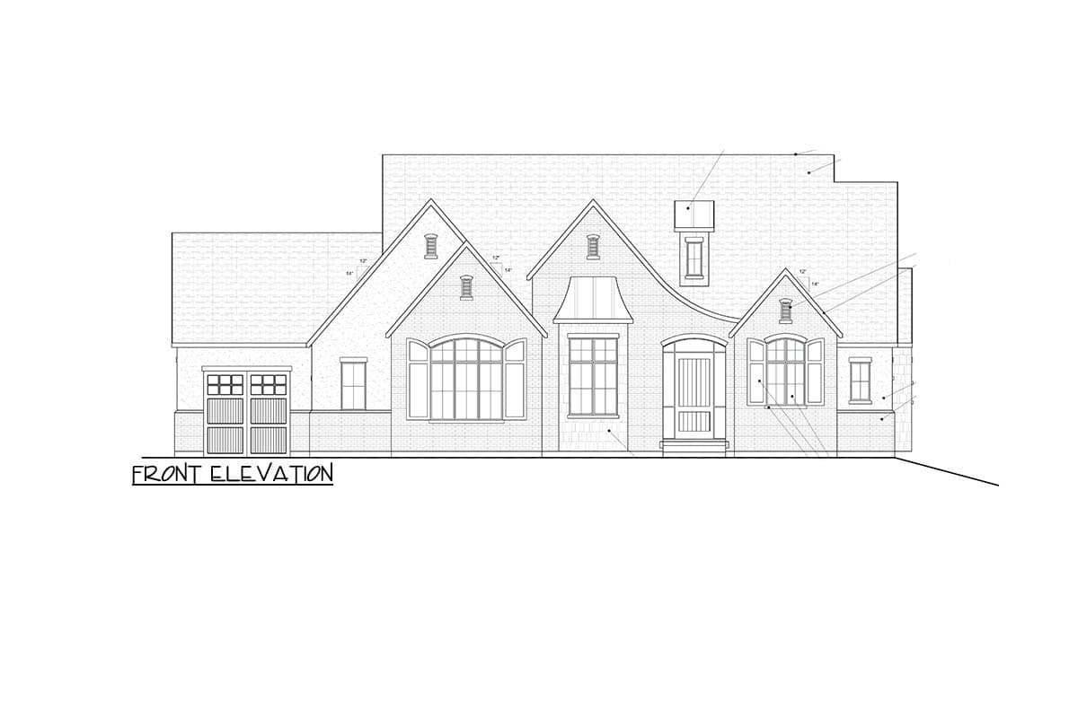 Front elevation drawing of a one-story house plan with gabled dormers, arched windows, and a central entry.