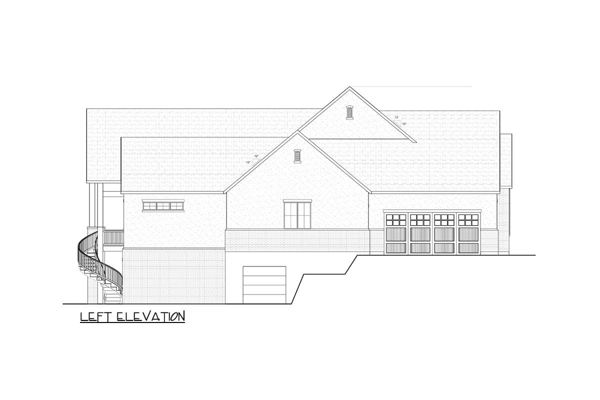 Left elevation drawing shows a house plan with a curved staircase, multiple gables, a detached garage, and a multi-panel garage door.