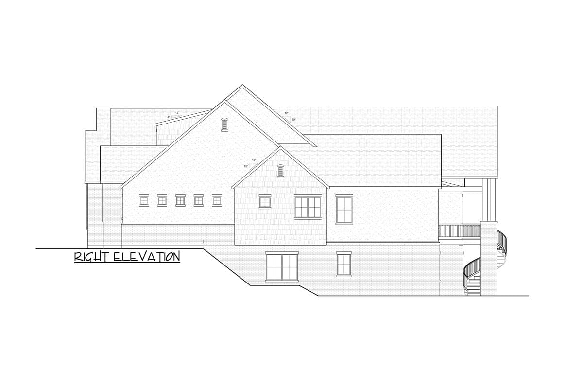 Right elevation house plan showing a multi-story home with gables, dormers, a covered porch, and a spiral staircase.