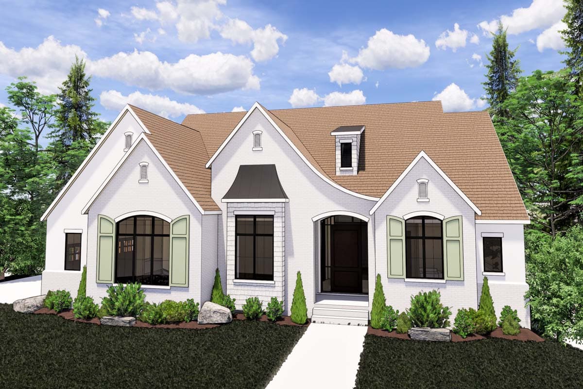 House plan exterior with white brick facade, multi-gabled roof, arched entryway, and dormer windows. One-story home with shutters.