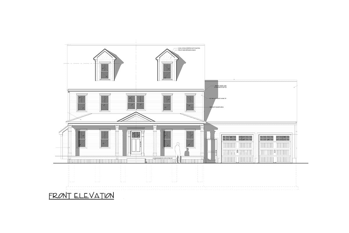 Front elevation drawing of a two-story house plan with a covered porch, dormer windows, and a triple-bay garage.