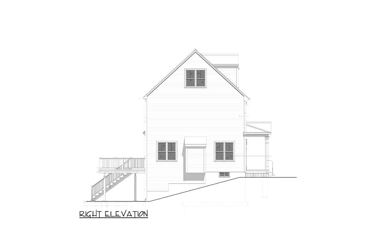 Right elevation house plan showing a two-story structure with a gabled dormer, covered entrance, deck, and exterior stairs.