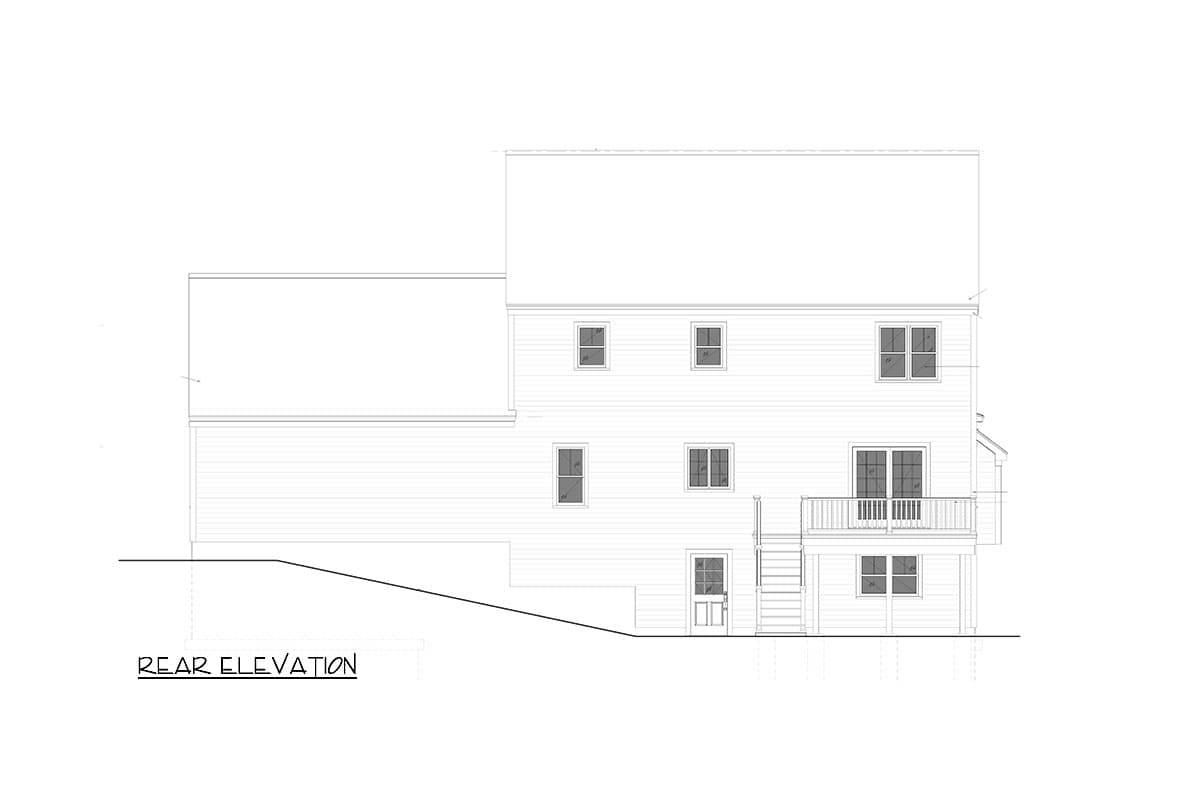 Rear elevation drawing of a two-story house with multiple windows, a deck with stairs, and a basement door.