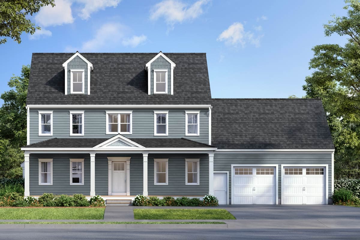House plan exterior. Two-story Colonial with gabled roof, dormers, covered porch, and attached two-car garage.