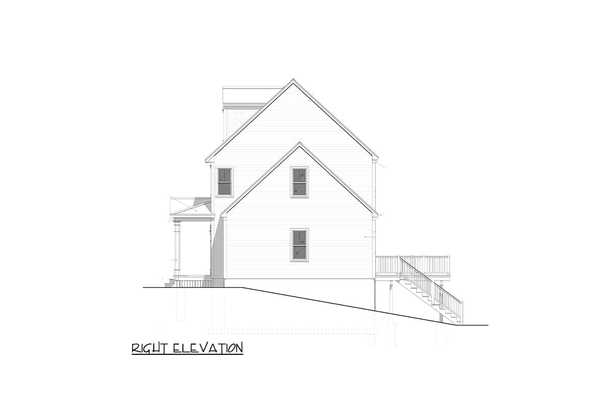 Right elevation drawing of a house plan with a gabled roof, dormer, porch, and deck with stairs.