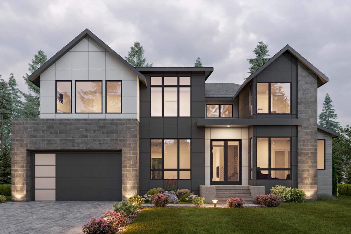House plan exterior. Modern style, two stories. Features include a side-entry garage, gabled rooflines, and large windows throughout.