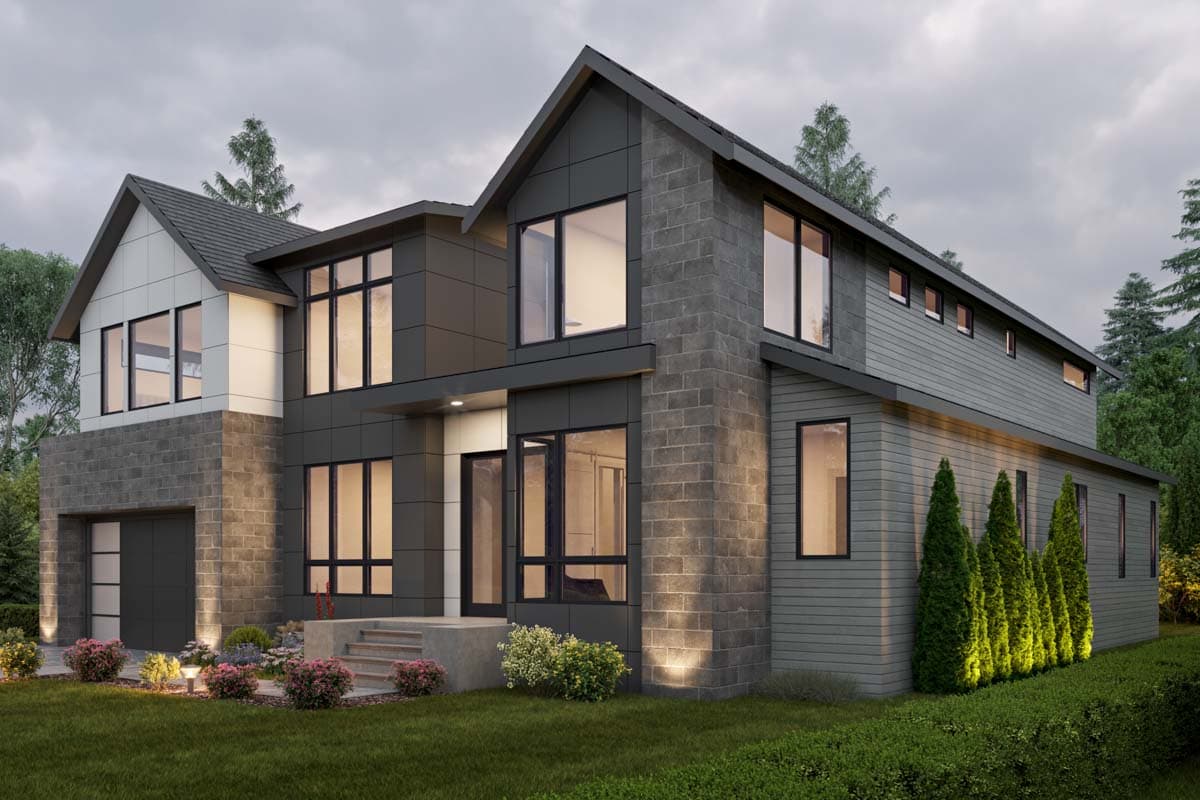 Modern two-story house plan exterior with asymmetrical gables, large windows, and a mix of stone and horizontal siding.