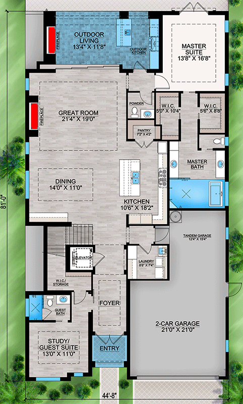 Plan 86128BW: 2-Story Modern House Plan with 2 Balconies - 4039 Sq Ft - Floor Plan - Main Level - Contemporary, Florida-Style, Mid Century Modern, Modern, Transitional