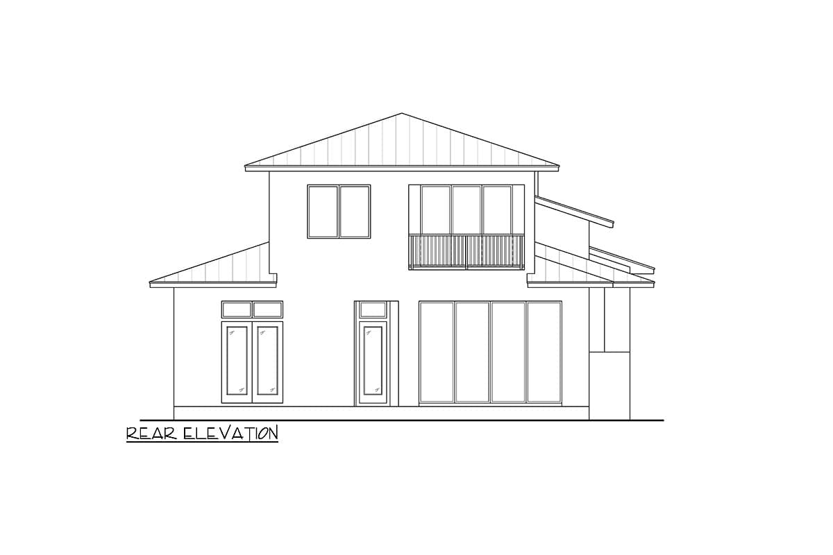 Rear elevation drawing of a two-story house plan with a central gable roof, balcony, and large windows.