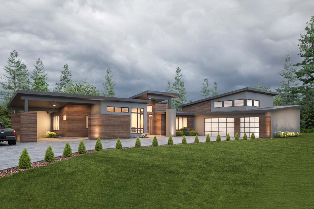 House plan exterior. Modern style, one story. Features include flat rooflines, wood siding, and an attached garage.