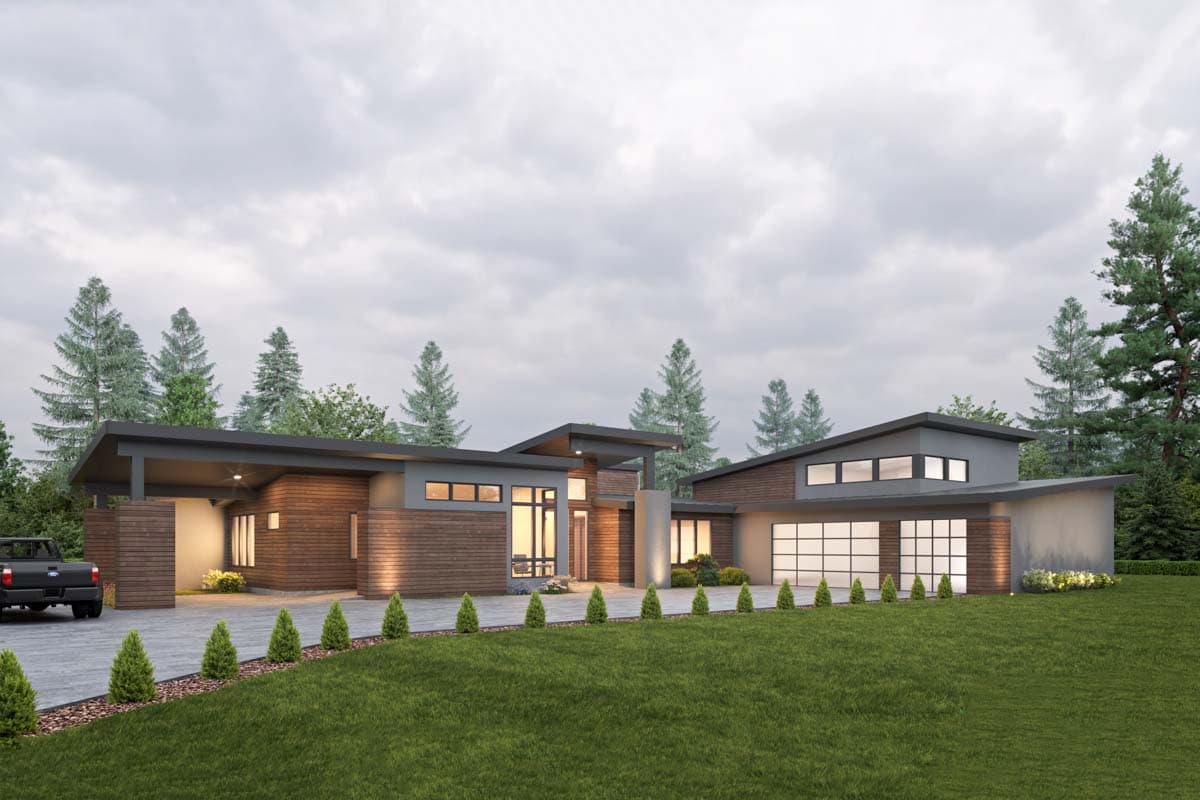 Modern house plan exterior with wood siding, flat rooflines, carport, and two-car garage.