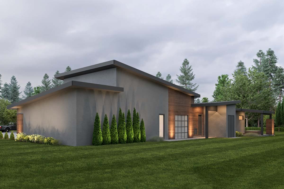 House plan exterior: Modern style, single-story with a low-slope roof, wood siding accents, and attached garage.