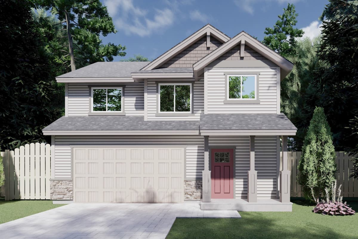 House plan exterior. Two-story house with gabled roof, covered entry porch, and attached garage. Exterior siding and stone accents are visible.