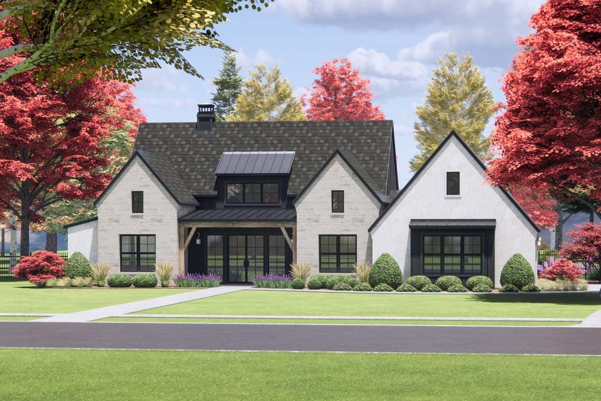 House plan exterior: Modern Farmhouse style, two stories, stone accents, gables, dormer, and a covered entry.