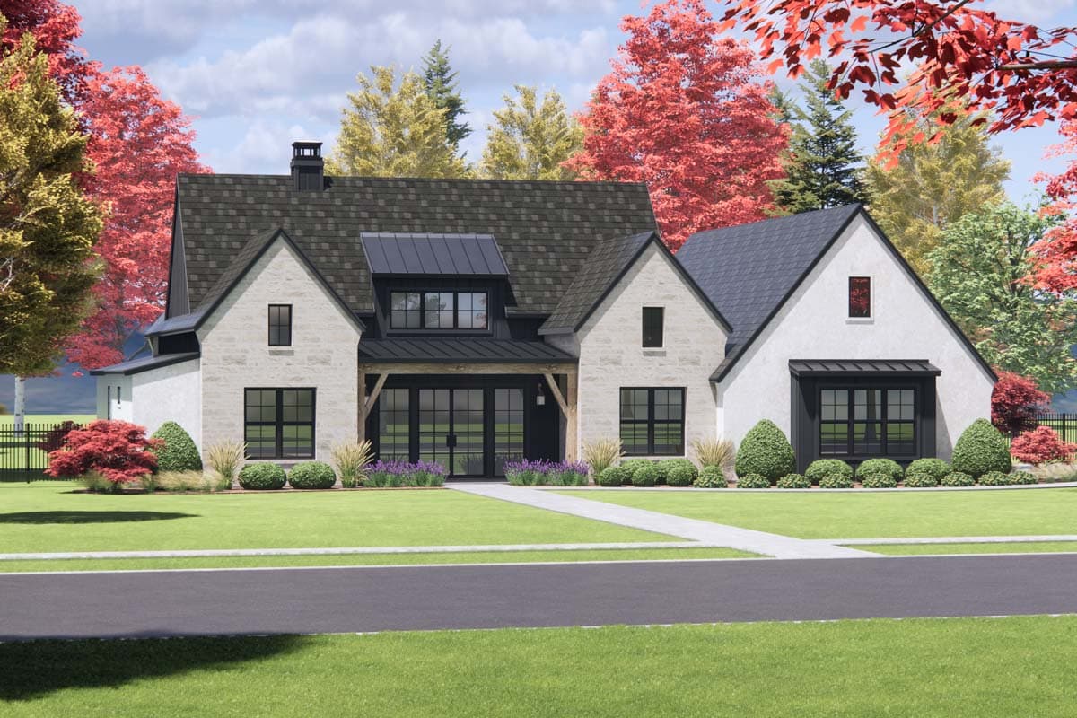 House plan exterior: Modern farmhouse style with stone and stucco, prominent dormer, gable roofs, and covered entryway with wood accents.