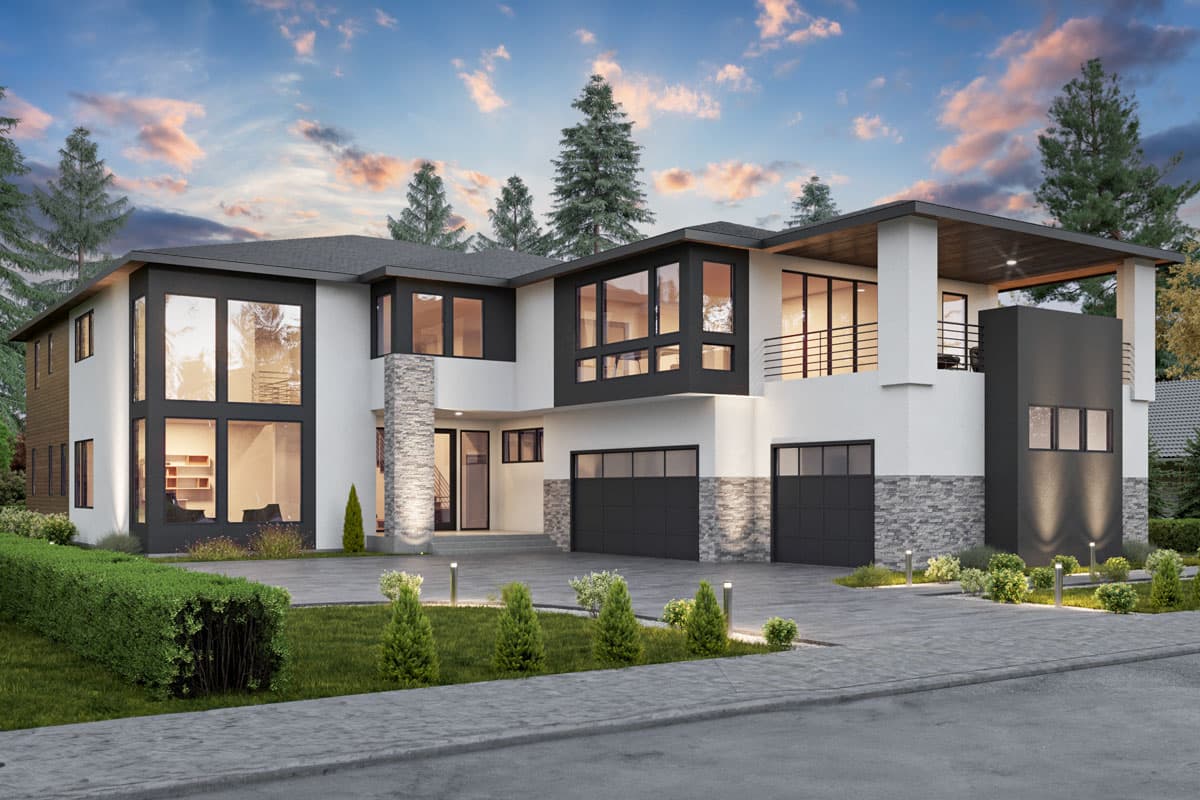 Modern house plan exterior with two stories, flat roof, stone accents, large windows, and a covered porch. Garage with two bays.