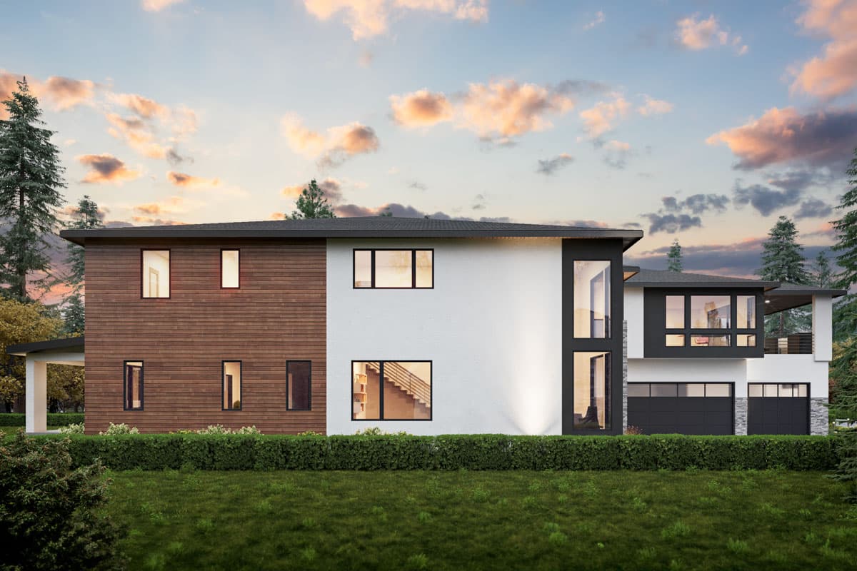 Modern house plan exterior with wood siding, white stucco, multiple gables, and dark-framed windows. Two-car garage.