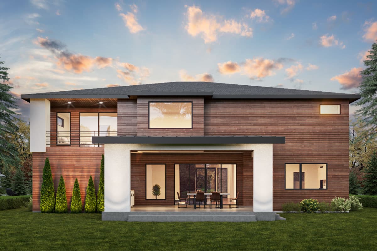 Modern two-story house plan exterior with wood siding, large windows, a covered patio, and a second-story balcony.