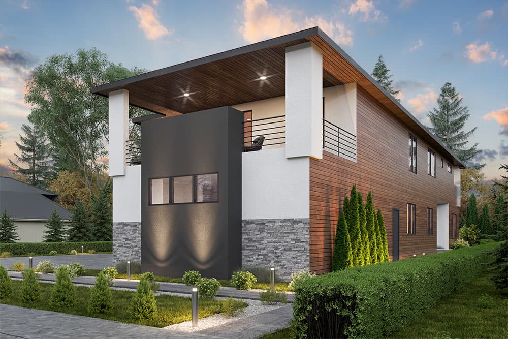 House plan exterior: Two-story modern design with flat roof, wood siding, balconies, and stone accents.