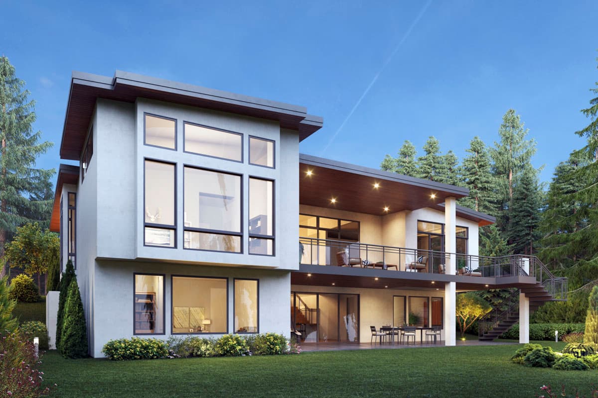 Modern house plan exterior, two stories, featuring large windows, a flat roof with overhangs, and a cantilevered second-level deck with stairs.