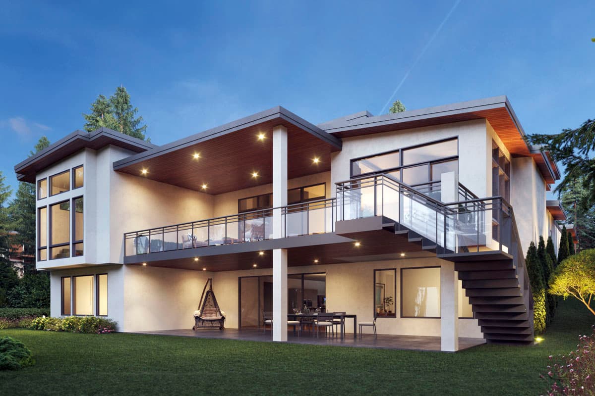 Modern house plan exterior with multi-level decks, large windows, flat rooflines, and a cantilevered upper story.