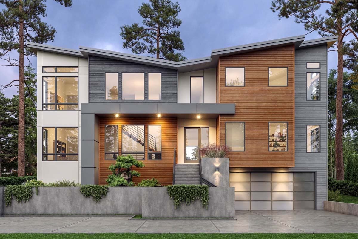 Modern house plan exterior with wood and gray siding, multiple gables, large windows, and a glass garage door.