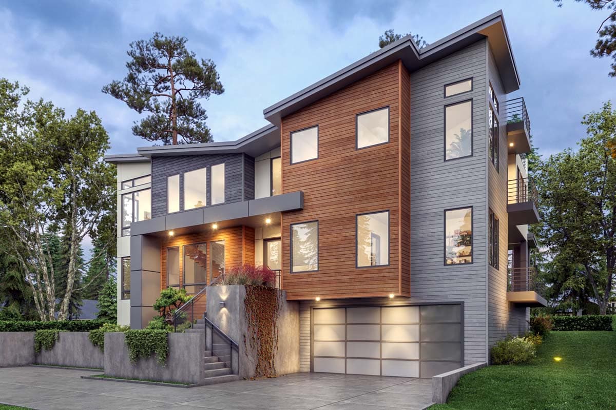 Modern house plan exterior with wood siding, multiple gables, balconies, and a multi-panel garage door.