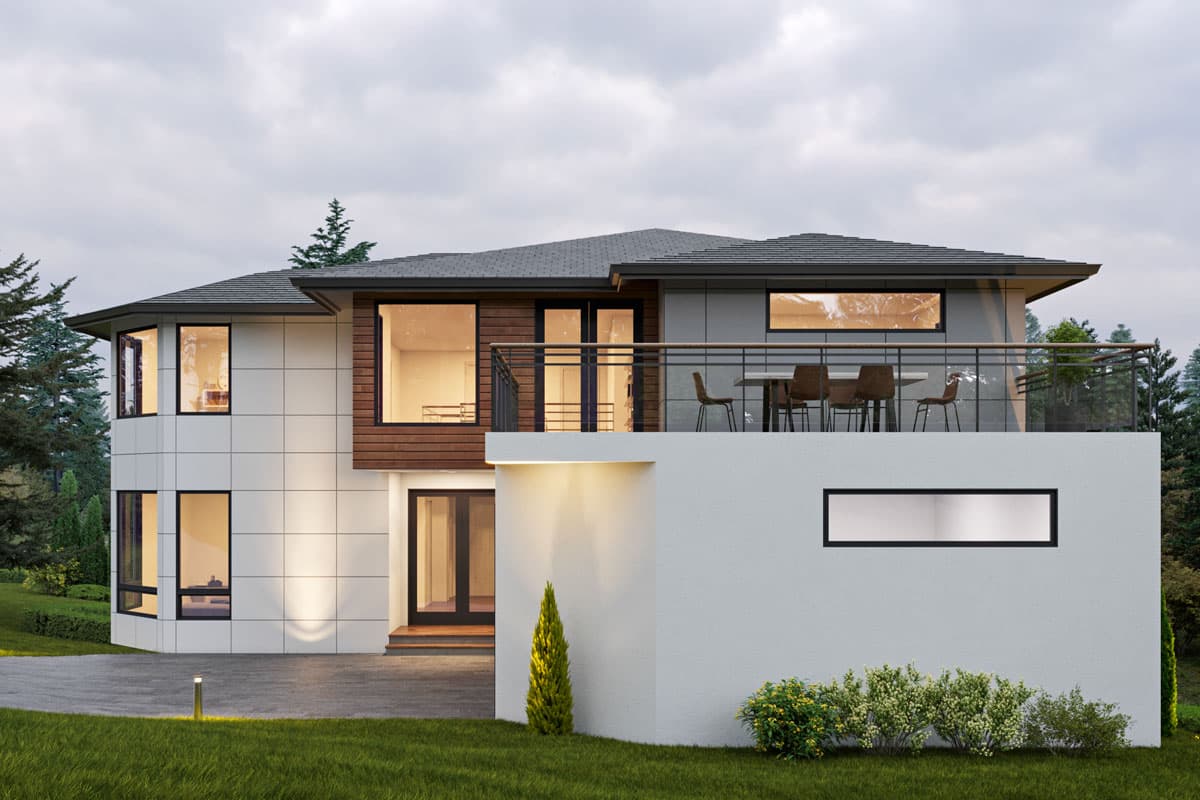 Modern house plan exterior with white paneling, wood siding, second-story balcony, and large windows.