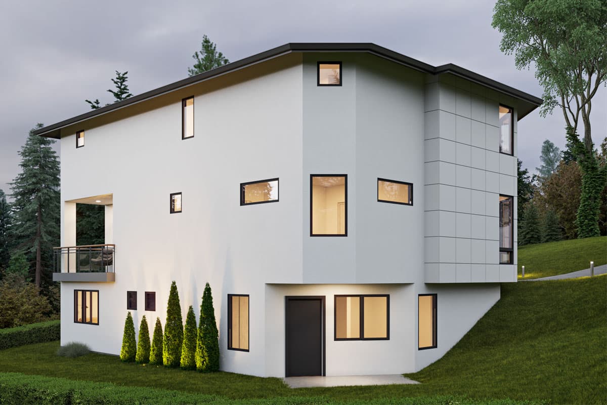 Modern house plan exterior with two stories, cantilevered balcony, and a mix of smooth and paneled facade.
