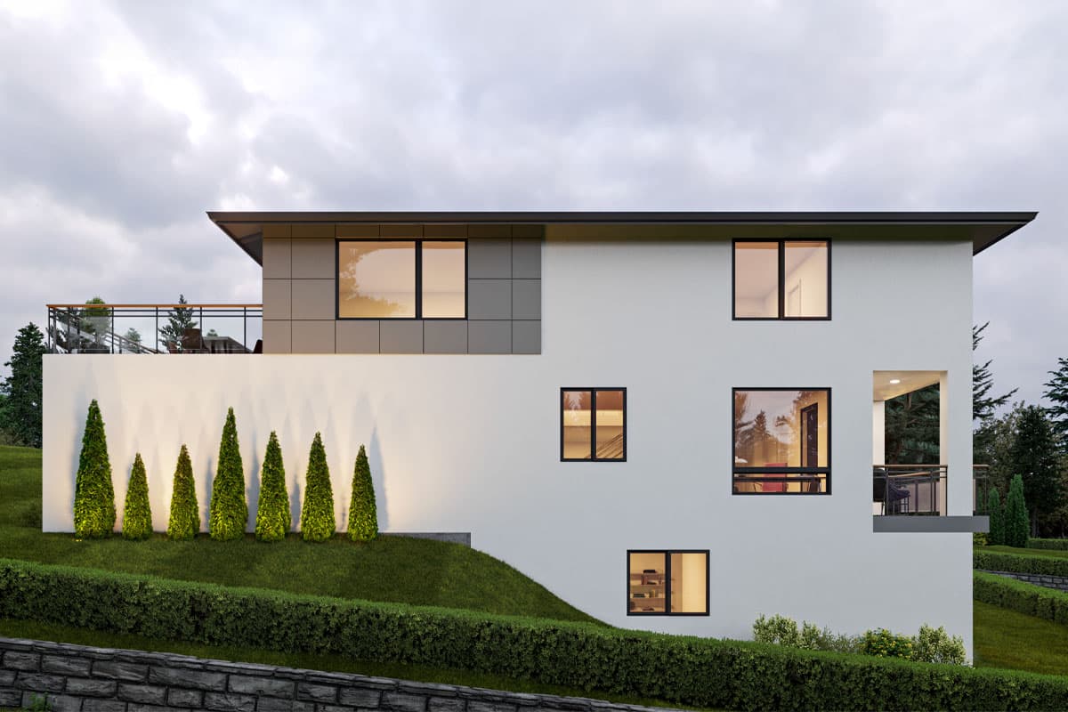 Modern house plan exterior with flat roof, multiple stories, large windows, and balcony.