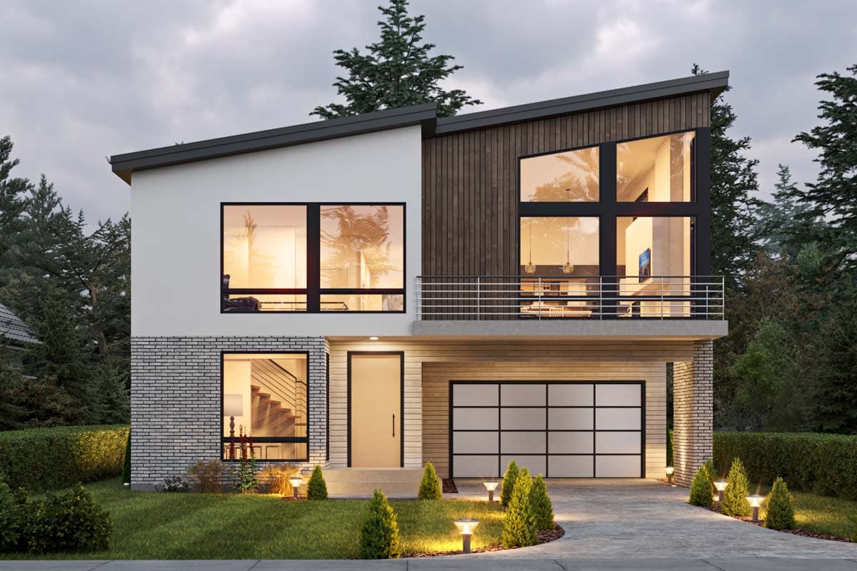 Modern two-story house plan exterior with large windows, a balcony, wood siding, and an attached garage.
