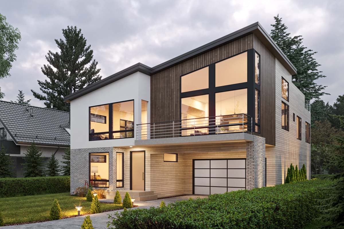 House plan exterior. Modern style, two-story home with a flat roof, large windows, and a balcony. Includes a garage and light brickwork.