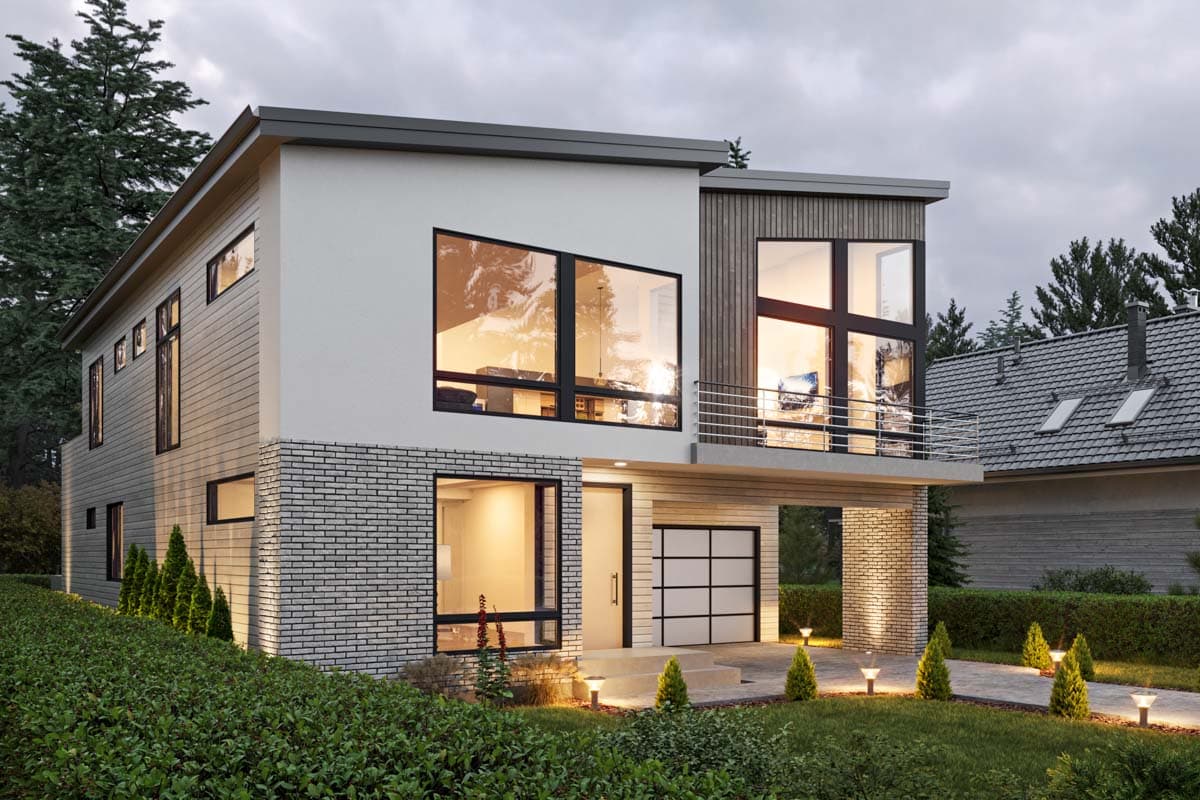 Modern two-story house plan exterior with large windows, white brick base, horizontal siding, and flat roof.