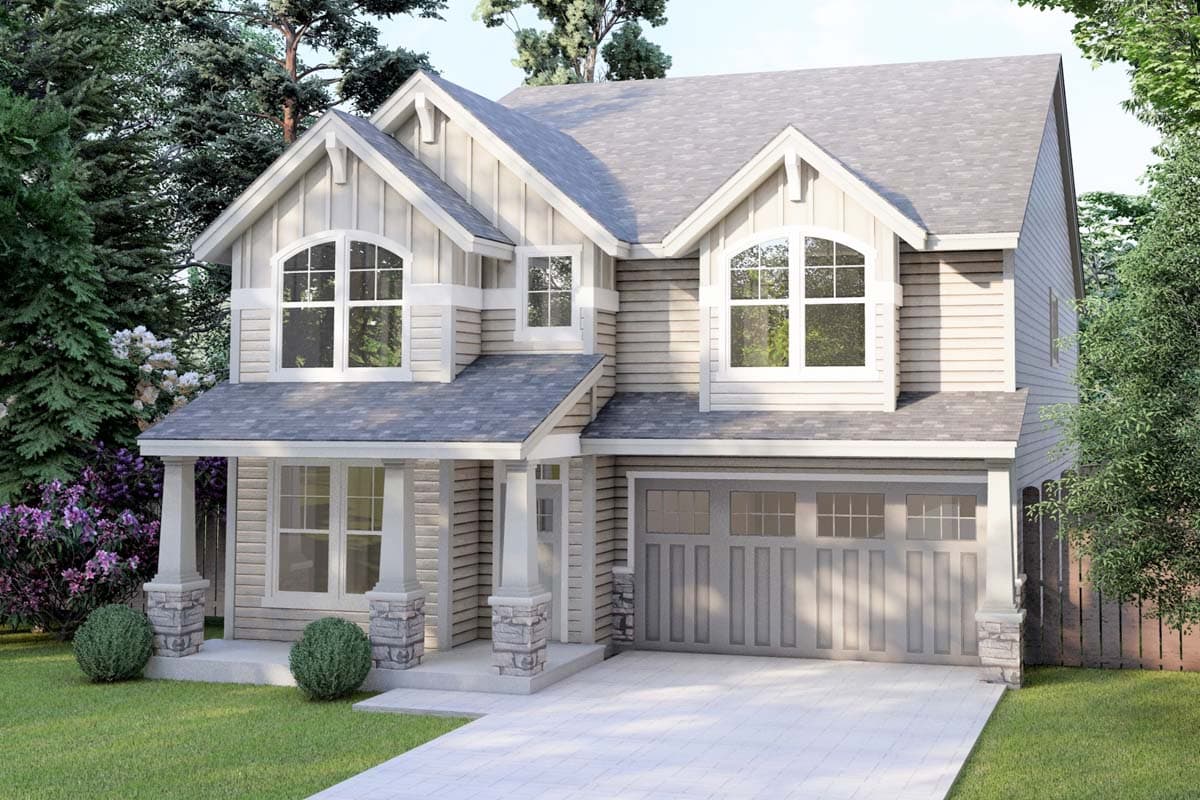 House plan exterior featuring two-story Craftsman style with a gabled roof, arched windows, and a front porch with stone columns and a two-car garage.