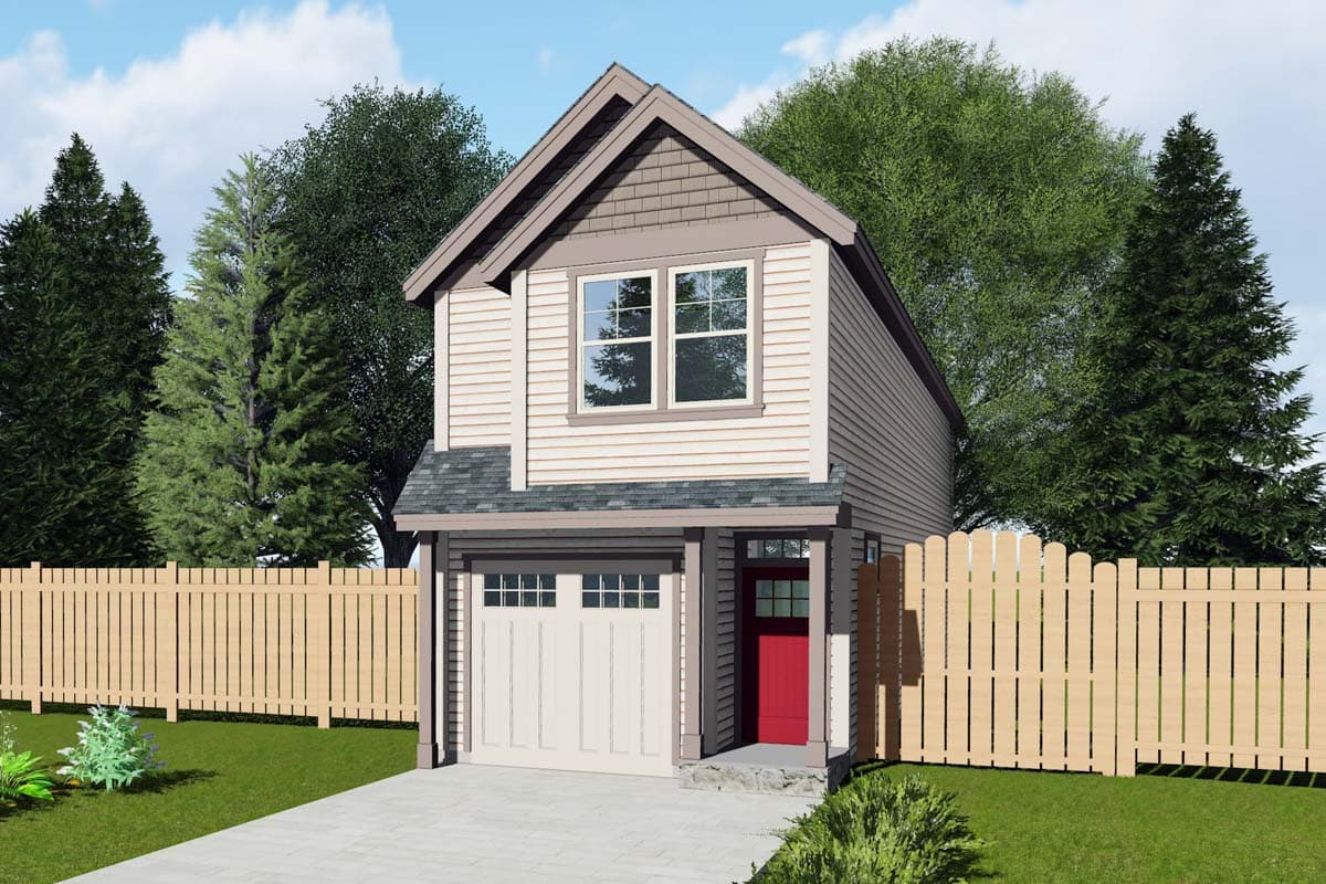 House plan exterior. Two-story Craftsman style home with gable roof, detached garage, and front-facing window dormer.