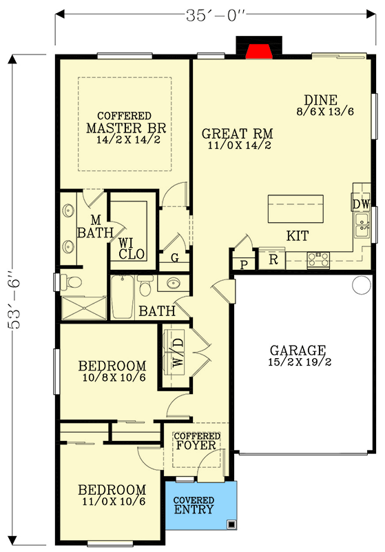 Plan 28140J: Simple 3-Bed House Plan withL-Shaped Kitchen - 1363 Sq Ft - Floor Plan - Main Level - Traditional