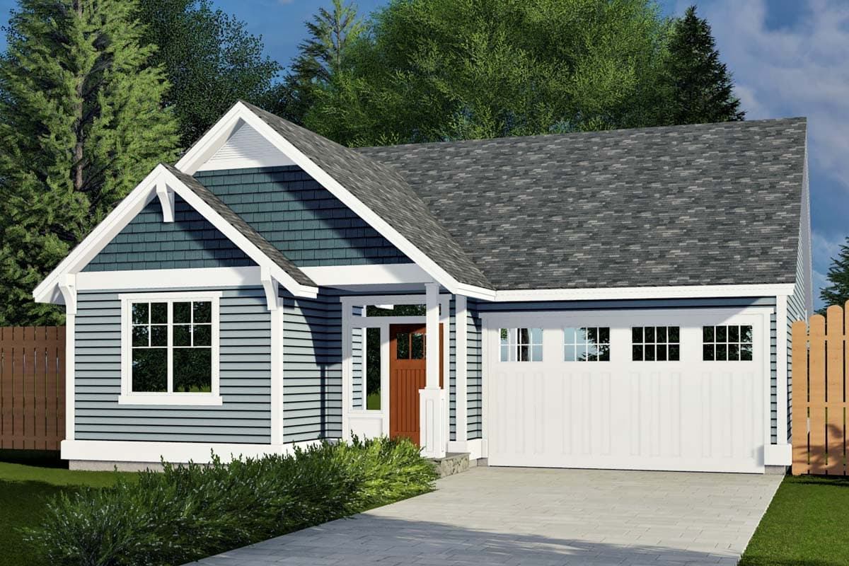 House plan exterior featuring a Craftsman style with a single story, a gable roof, a covered porch, and a side-entry garage.
