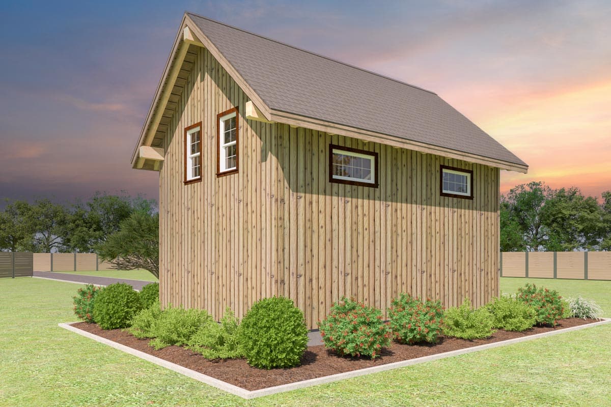 House plan exterior, two stories, vertical wood siding, gable roof, and multiple windows.
