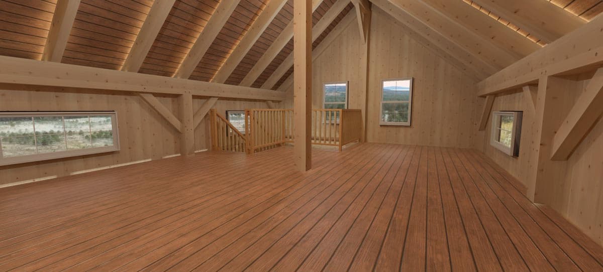 Interior view of an attic space with wood plank walls and floors, exposed beams, and multiple windows.