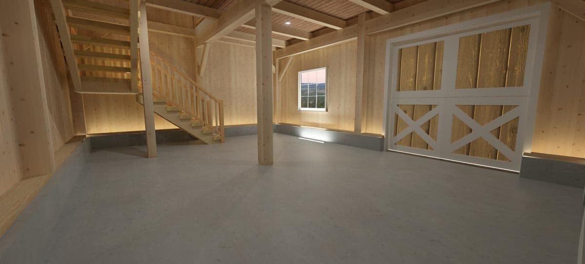 Timber frame interior with a staircase, large barn-style door, and a window overlooking a landscape.