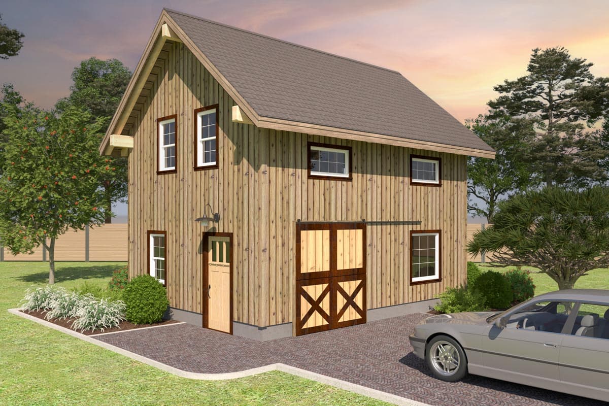 House plan exterior with two stories and gable roof. Features include sliding barn door, vertical wood siding, and multiple rectangular windows.
