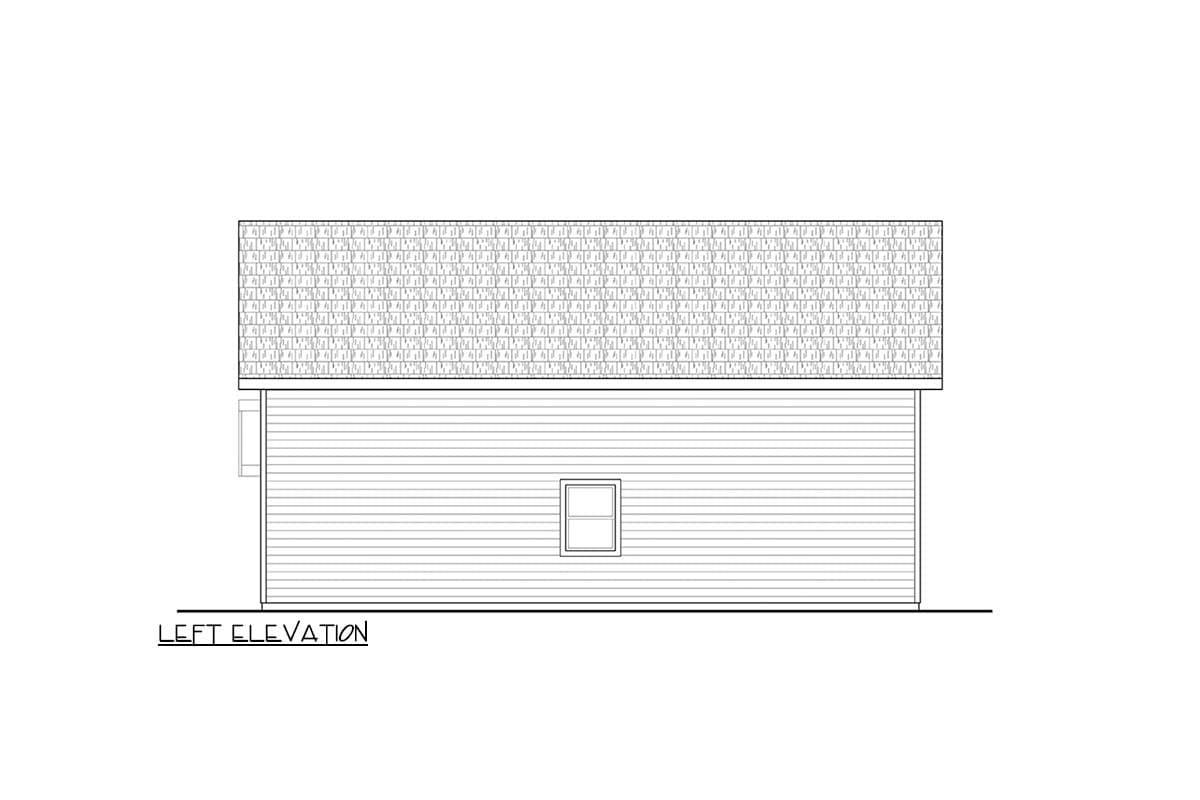 Left elevation drawing of a house plan showing a pitched roof, horizontal siding, and one window.