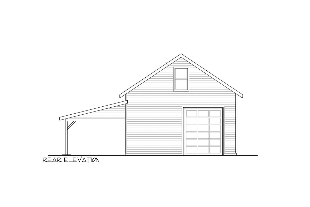 Rear elevation drawing of a two-story garage with a shed roof covering a carport and a single overhead door.