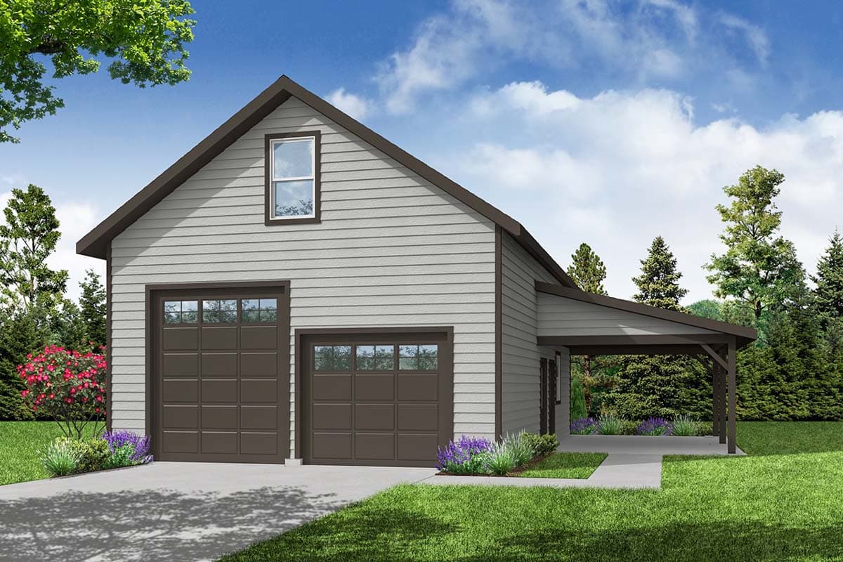 House plan exterior with two-car garage, gable roof, and attached porch. The two-story structure features lap siding and a single dormer.