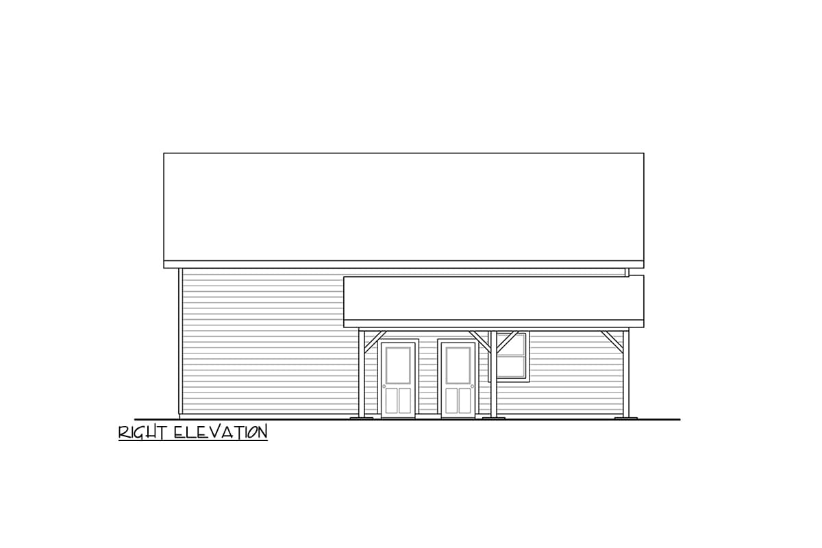 Right elevation drawing of a two-story house plan with horizontal siding, a covered porch, two double doors, and a window.