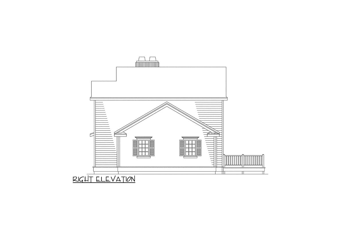 Right elevation drawing of a two-story house plan with gable, two windows with shutters, and a deck.