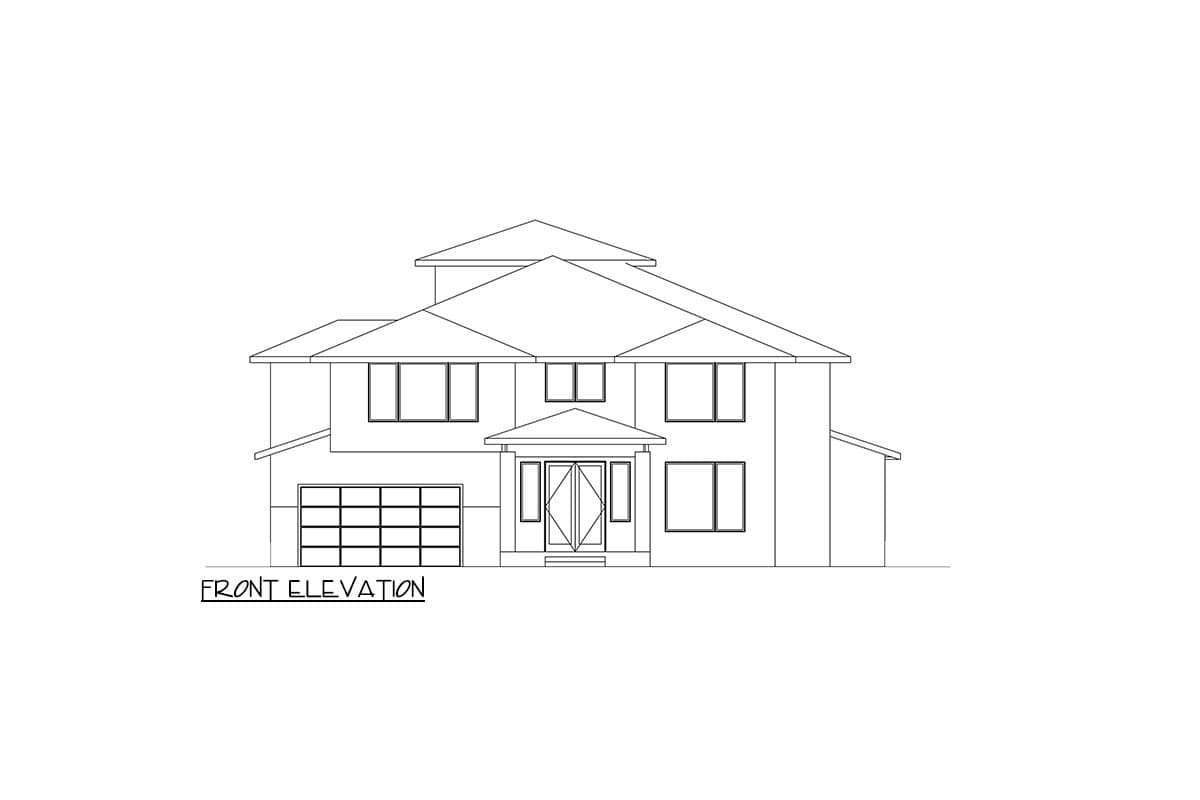 Front elevation drawing of a two-story house with a prominent multi-level roof, attached garage, and covered entry.