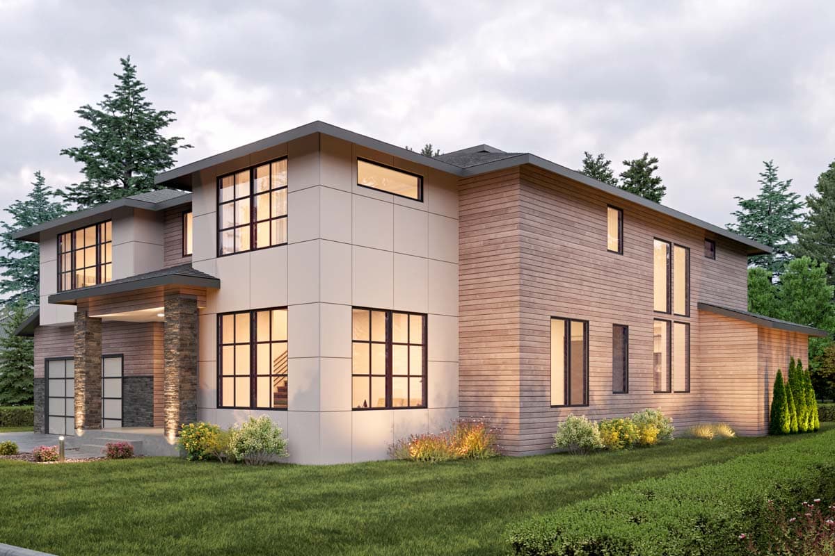Modern two-story house plan exterior with stone pillars, wood siding, and large grid windows.